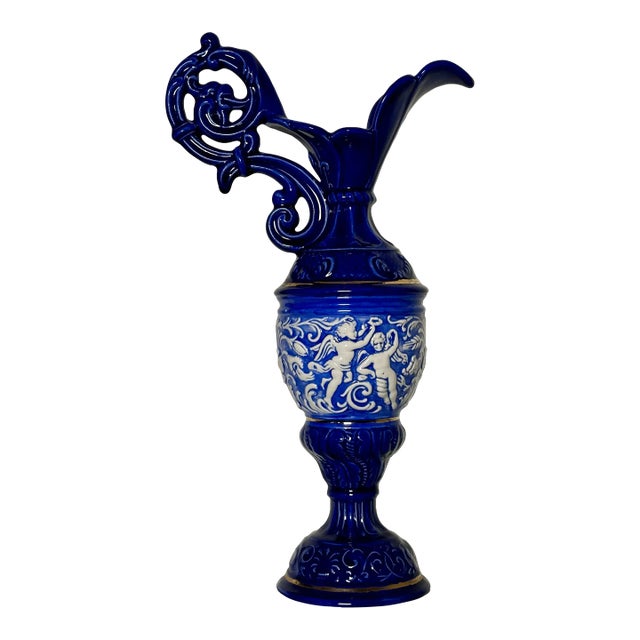 Baroque Embossed Cobalt Blue & Gold Ceramic Decorative Pitcher For Sale
