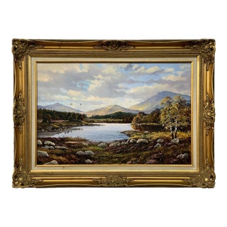 A tranquil mountain lake scene with vivid light, colour and natural beauty 1983 For Sale