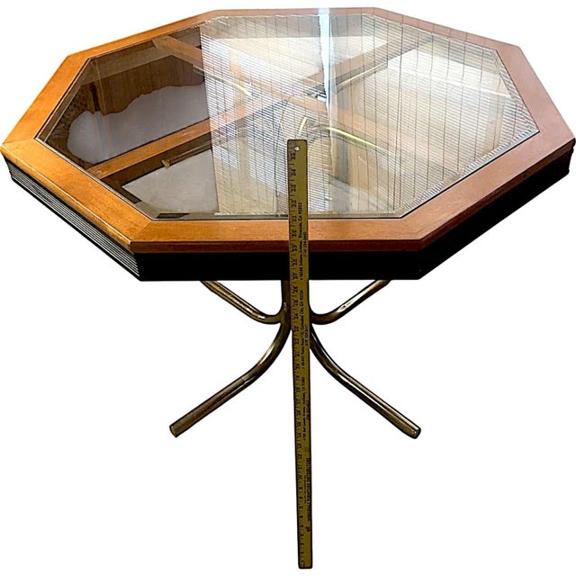 1980s Mid-Century Modernist Octagonal Glass & Wood Game / Dining Table With Brass Base For Sale In Palm Springs - Image 6 of 6