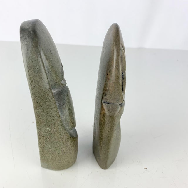 Stone Vintage Pair African Art Shona Stone Sculptures Faces Mother Child Head in Hand For Sale - Image 7 of 12