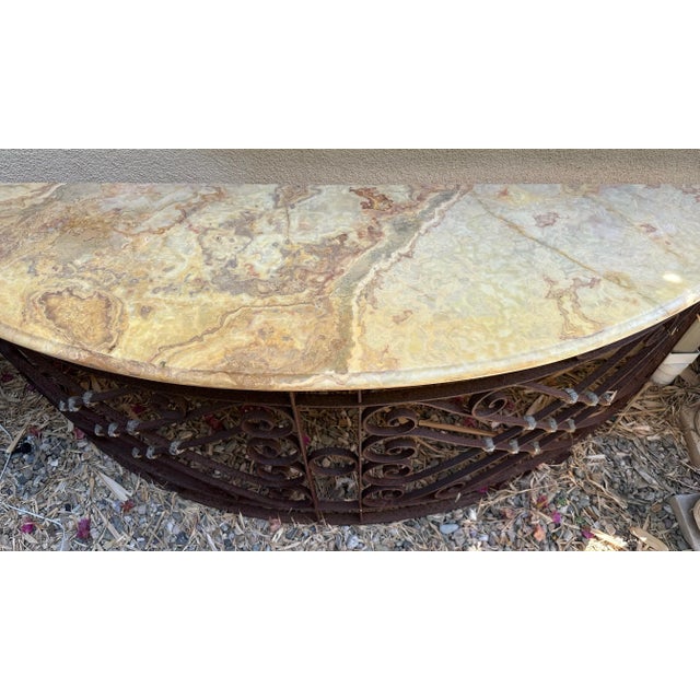 Metal Antique French Large Wrought Iron Onyx Stone Top Console Table For Sale - Image 7 of 12