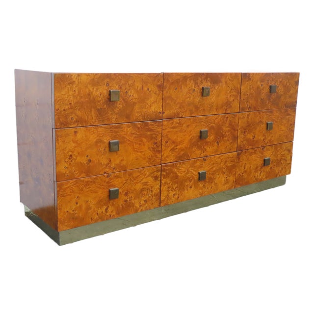 Milo Baughman by Founder Mid Century Hollywood Regency Burlwood Dresser 6625 For Sale