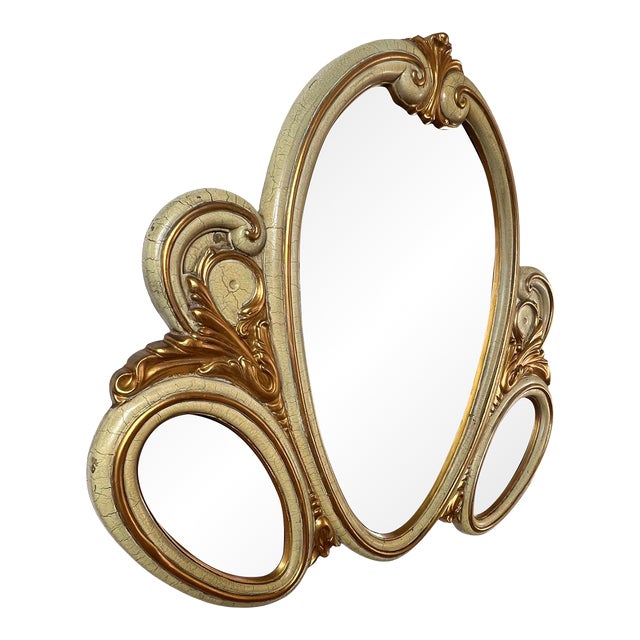Vintage Large Hollywood Regency Italian Syroco Style Resin Triple Wall Mirror Gold Gilt For Sale