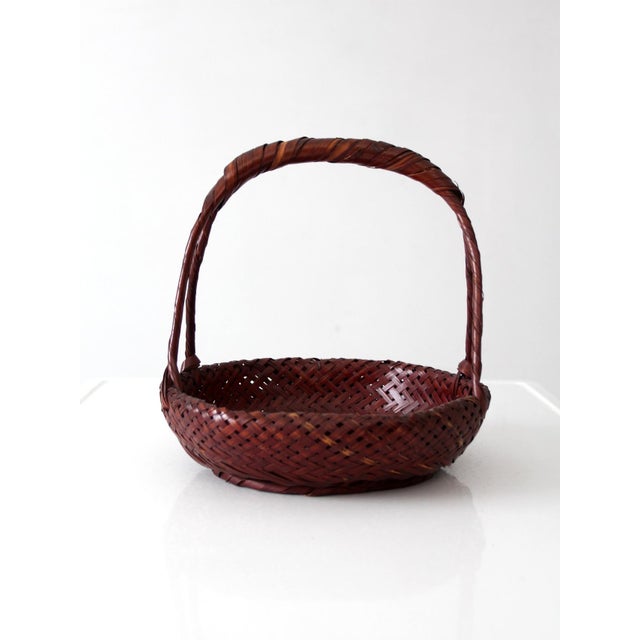 Vintage Hand-Woven Bamboo Basket With Wrapped Handle For Sale - Image 6 of 12