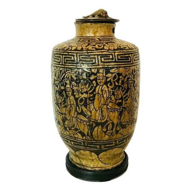 Covered Vase in Cracked Earthenware with Chinese Decor, 1800s For Sale