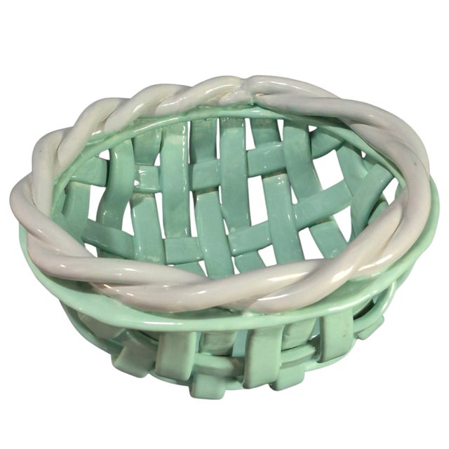 Late 20th Century Italian Majolica Glazed Ceramic Open Weave Teal & White Decorative Basket For Sale - Image 6 of 6