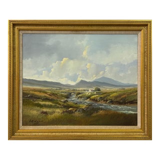 Painting of Mountain Cottages by River in Ireland by 20th Century Irish Artist 1990 Circa For Sale