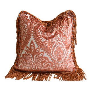 Tangerine Orange & White Velvet Feather/Down Pillow W/ Fancy Cord & Trim 19” Square For Sale
