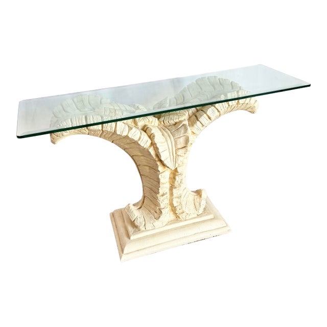 Vintage Boho Chic Resin Banana Leaf Glass Top Console Table For Sale