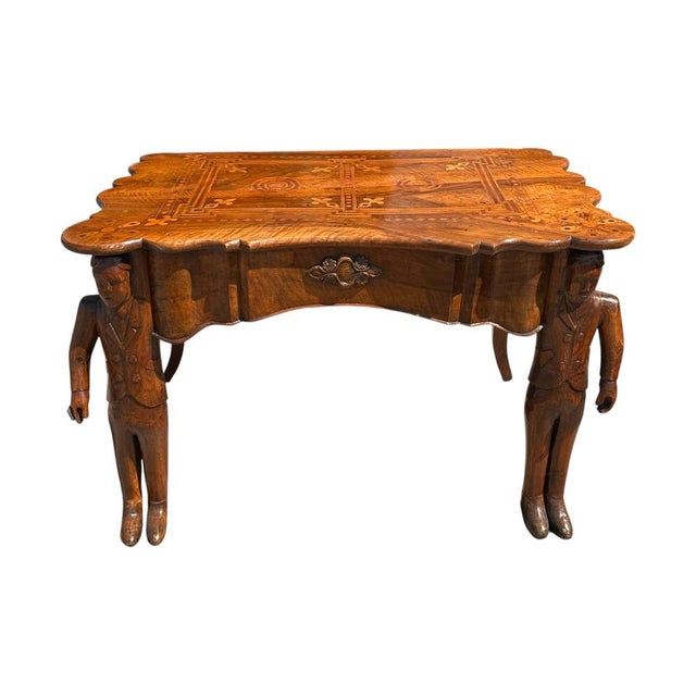 Wood Antique Inlaid Wooden Table with Carved Figurative Supports, 1890s For Sale - Image 7 of 7