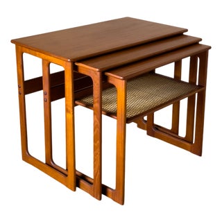 Teak Nest of Tables with Rattan Shelf by Johannes Andersen for Silkeborg, 1960s, Set of 3 For Sale