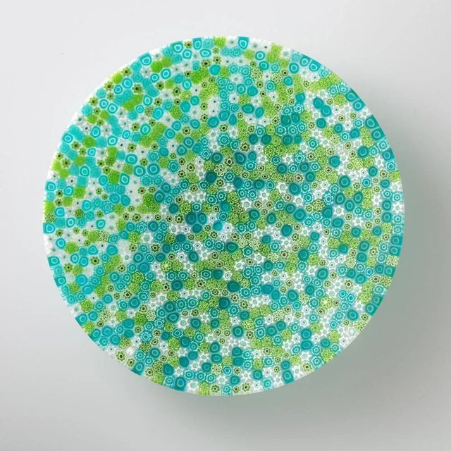 Murano glass plate made by melting together sections of glass rods in a furnace, with each section depicting a small...