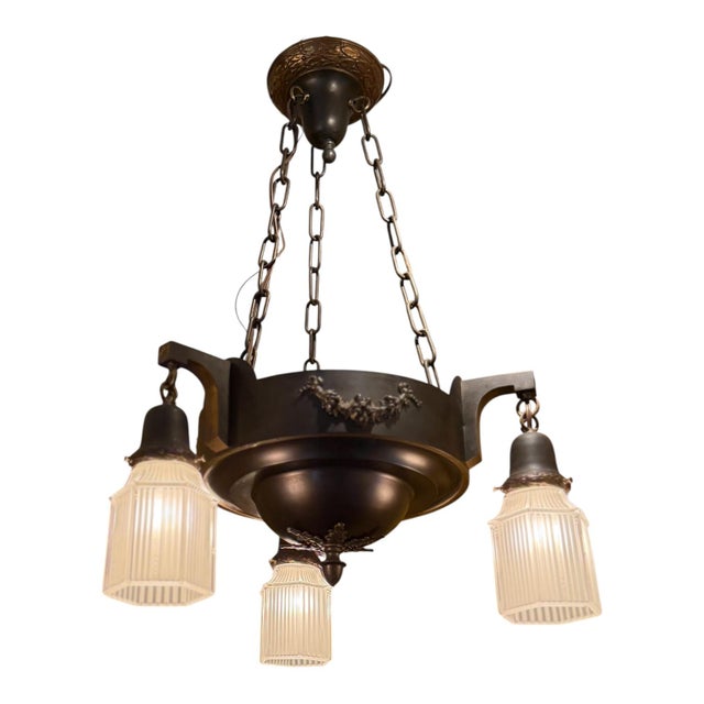 Circa 1920’s Dark Brozed Patina Chandelier With Ribbed Glass Shades For Sale - Image 4 of 5