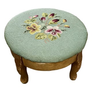 Vintage Mid 20th Century Small Wooden Footstool With Needlepoint Cushion For Sale