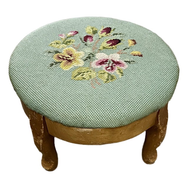 Vintage Mid 20th Century Small Wooden Footstool With Needlepoint Cushion For Sale