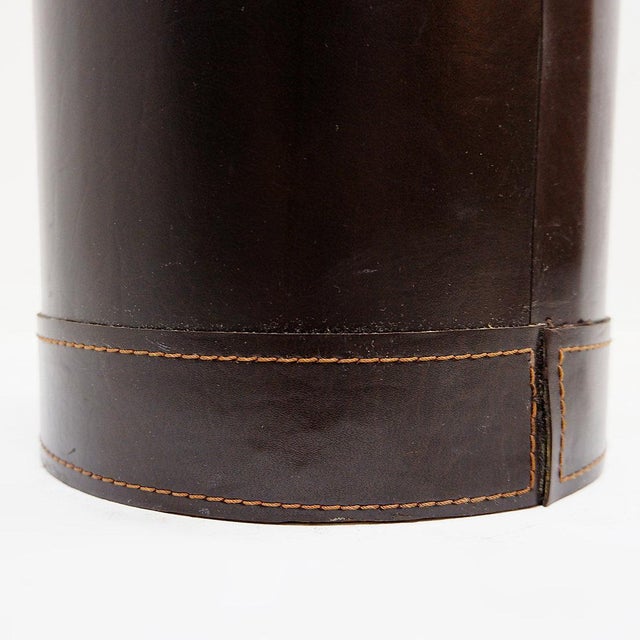 Brown Leather Wastebasket with Decorative Brass Buckle For Sale - Image 3 of 10