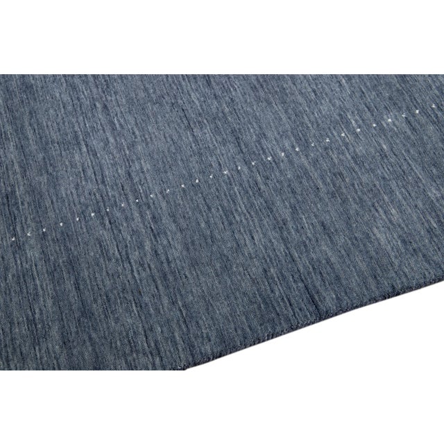 Blue Modern Gabbeh Style Hand-Loom Minimalist Pattern Wool Rug For Sale In New York - Image 6 of 10