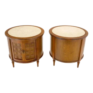 Round Drum Barrel Shape Travertine Top Two Doors End Side Tables Stand - A Pair