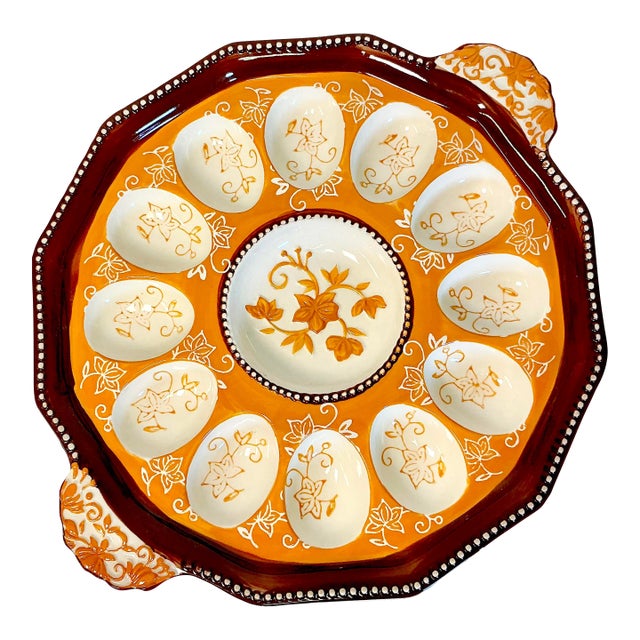 1980s Vintage Boho Chic Arts & Crafts Rustic European Deviled Egg Serving Plate, Easter. For Sale