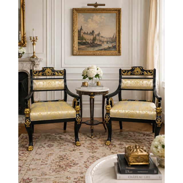 1960s Pair of Italian Hollywood Regency Empire-Style Black & Gold Lion-Head Armchairs For Sale - Image 12 of 12