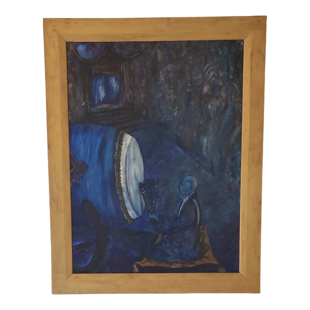 1990s Original Expressionist Oil Painting of a Monk Drumming in a Monastery, Framed For Sale