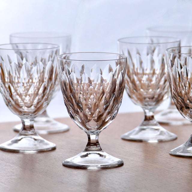 Set of 6 magnificent antique crystal stemmed glasses from Villeroy & Boch. Pretty carving of superimposed scales. Short...