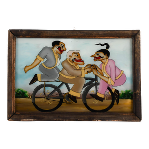 Framed Punakawan Reverse Glass Painting Petruk, Gareng and Bajong Cycling