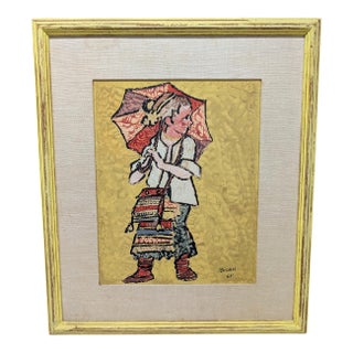 Jovan Obican "Boy With Umbrella" 1965 Folk Art Painting For Sale