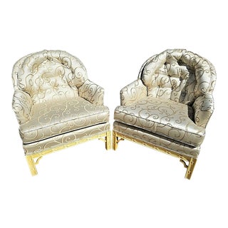 Asian Chinoiserie Style Tufted Barrel Back Club Lounge Armchairs - a Pair For Sale