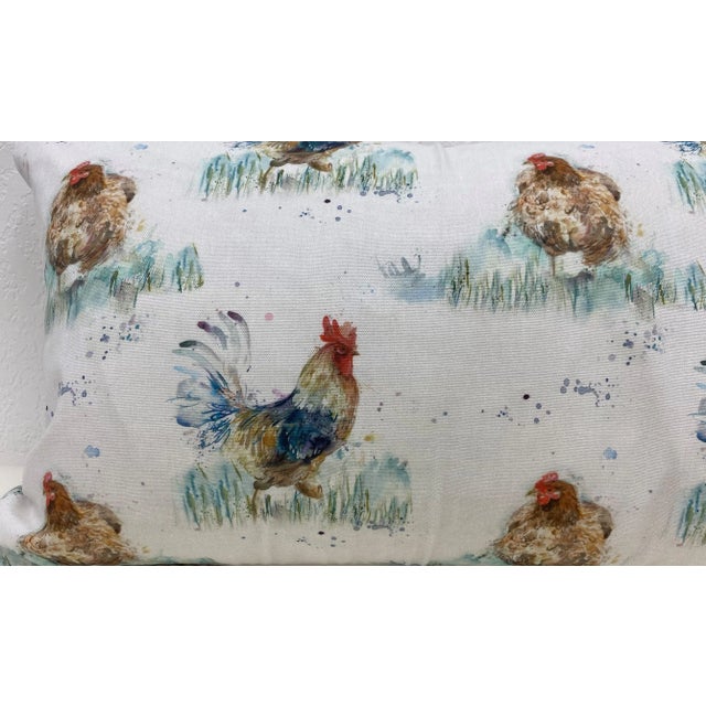 Textile Large Bolster Pillow Decorated With a Yard Full of Water Color-Look Roosters & Hens/Chickens - Made in Uk. For Sale - Image 7 of 11