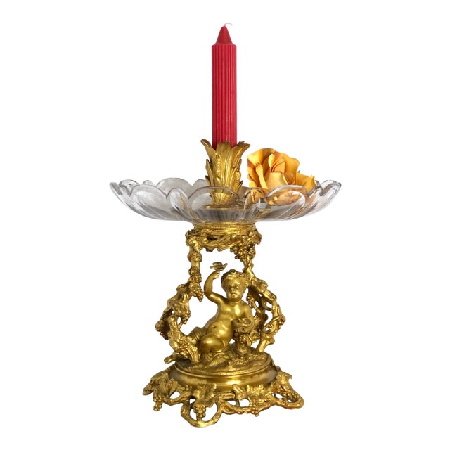 Antique Baroque Brass Putti Cherub Bowl Flower Candle Holder Vase Rocco Italian For Sale