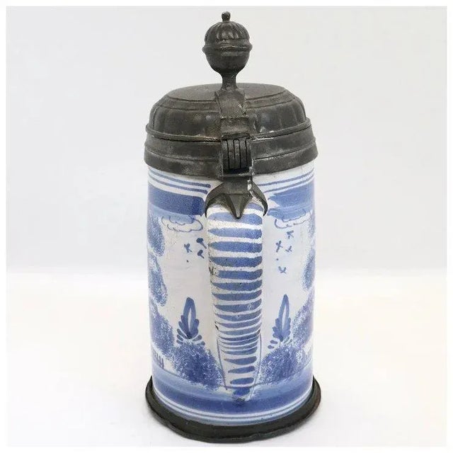 Blue German Bayreuth Faience Pottery Pewter Mounted Blue and White Tankard For Sale - Image 8 of 13