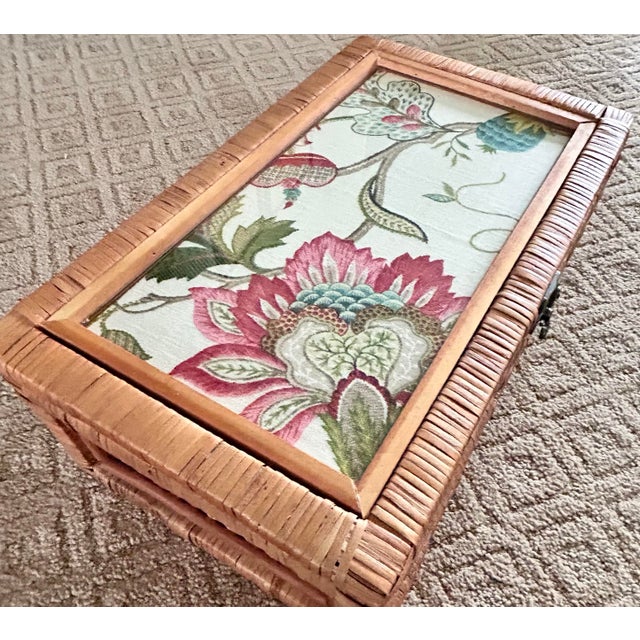 Intage Rattan Cane Glass Top Storage Box With Designer Fabric Insert For Sale - Image 10 of 13
