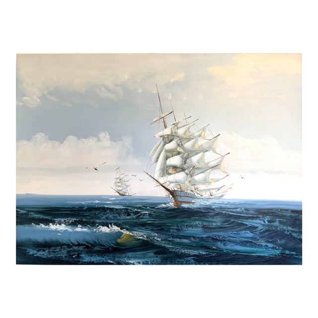 Late 20th Century Listed Artist Hewett Jackson Original Oil Painting | Tall Ship Seascape | Large For Sale