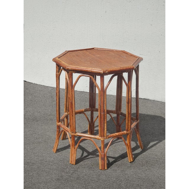 French Country Vintage French Country Brown Bamboo Rattan Side Table ~ End Table For Sale - Image 3 of 10