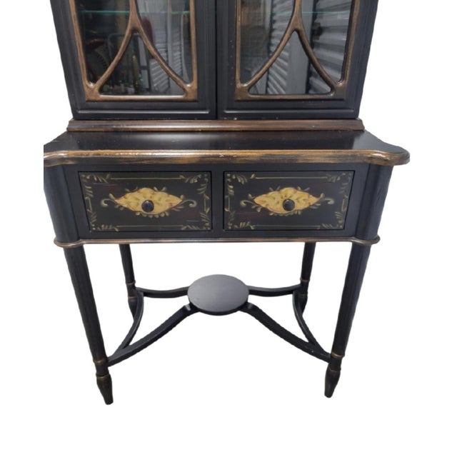 Vintage Pagoda Black Chinoiserie Glass Front Storage Curio Cabinet For Sale - Image 9 of 17