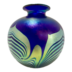 Mid 20th Century Correia Art Glass Signed Iridescent Pulled Feather Vase Cobalt Blue Purple