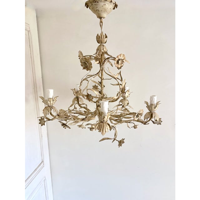 Vintage Italian Floral Tole 5-Light Chandelier in Cream Painted Metal, 1960s For Sale - Image 12 of 12