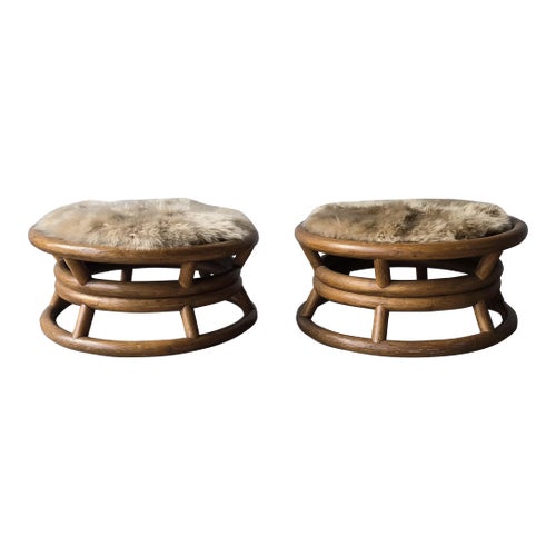 Pair of Round Bamboo Low Stools With Fur Seat by Paul Frankl