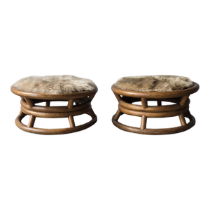 Pair of Round Bamboo Low Stools With Fur Seat by Paul Frankl