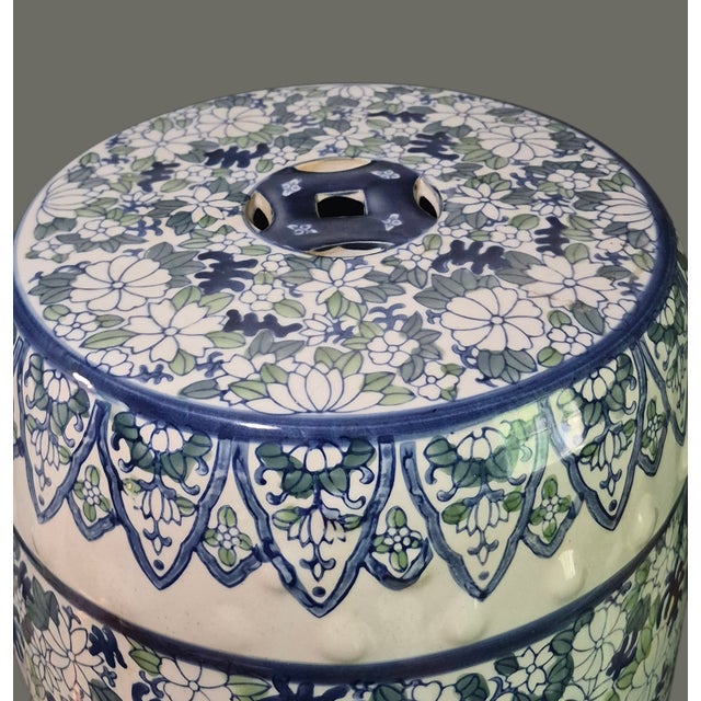 Contemporary Vintage Asian Ceramic Blue-White-Green Floral Garden Stool For Sale - Image 3 of 9