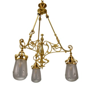 French Art Nouveau Brass and Frosted Glass Three-Light Chandelier, circa 1920 For Sale