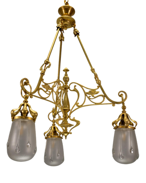 French Art Nouveau Brass and Frosted Glass Three-Light Chandelier, circa 1920