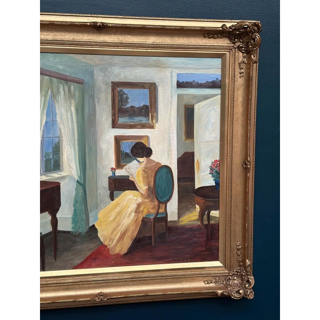 V. Hansen, Interior with Reading Woman, 1960s, Oil Painting on Canvas, Framed For Sale - Image 5 of 17