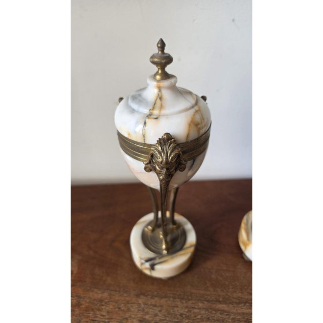 Neoclassical Pair Antique French Marble & Bronze Urns Neoclassical Cassolettes Empire Garniture Mantel Decor Lidded Decorative Urns For Sale - Image 3 of 14