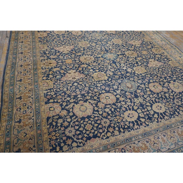 Textile 1880s Antique Navy Square Islimi Floral Finely Knotted Wool Persian Tabriz Rug For Sale - Image 7 of 9