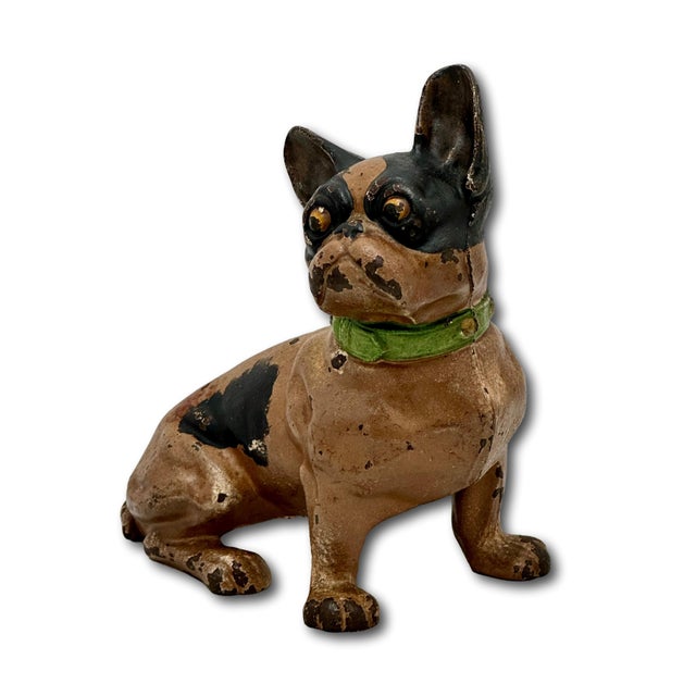 Vintage 1930s Hubley Manufacturing Co. Cast Iron French Bulldog Doorstop Unusual Green Collar For Sale In Boston - Image 6 of 18