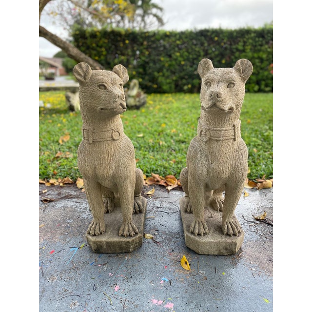 Late 20th Century Pair of English Style Cast Stone Guardian Dog Statues For Sale - Image 4 of 11