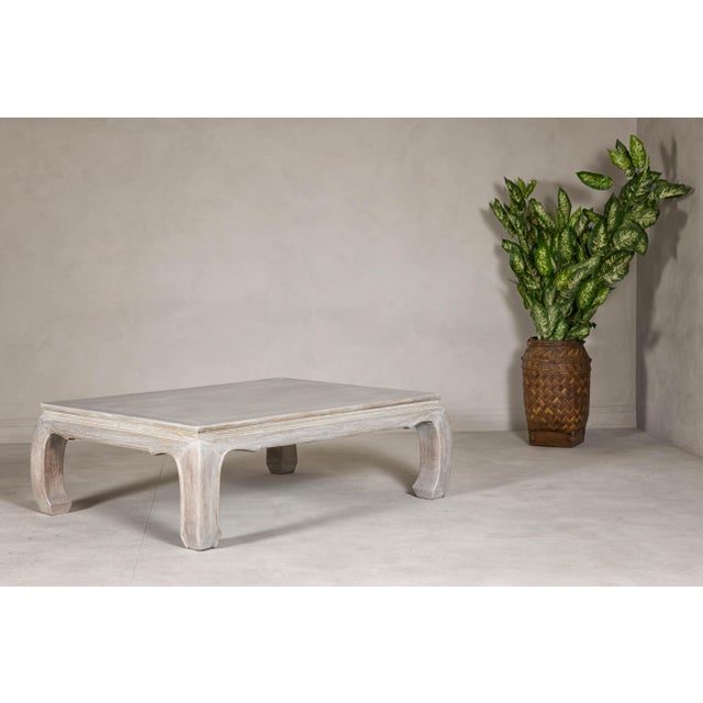 Teak Ming Style Whitewash Coffee Table with Chow Legs and Carved Apron For Sale - Image 12 of 12