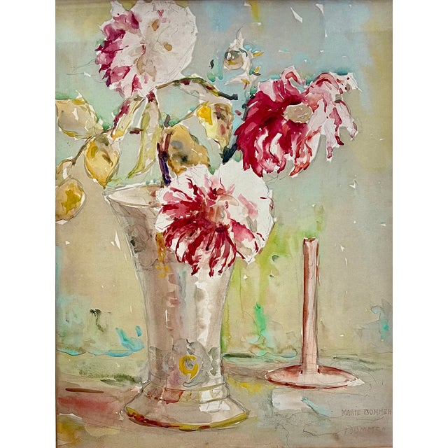 Marie Anna Bommer (American 1905 - 1996) Art Deco watercolor floral still life painting of peonies in a vase. Wonderful...